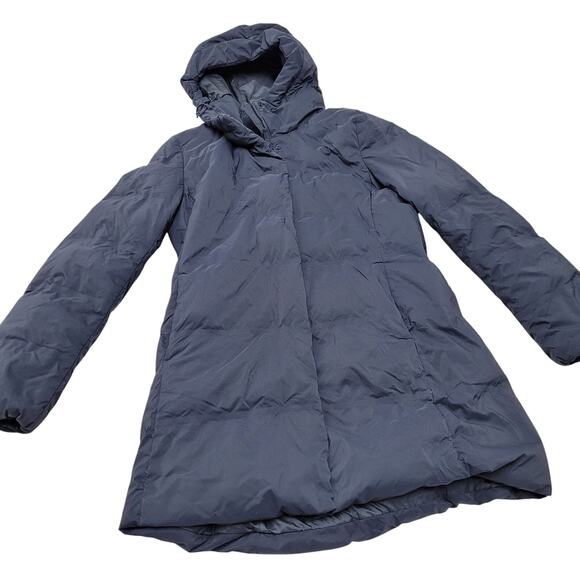 Uniqlo seamless down mid length navy blue long puffer parka coat jacket - Picture 1 of 9